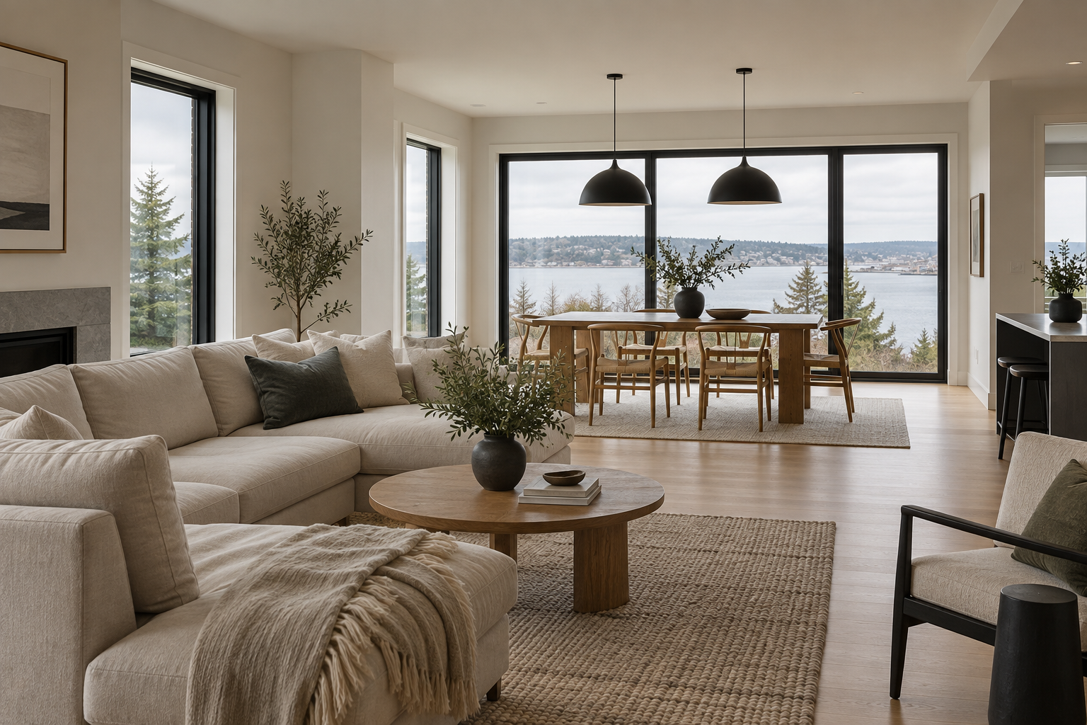 Architectural interior with oak flooring, natural light and clean contemporary finishes